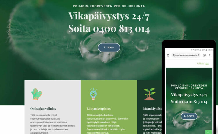 Toteutimme Pohjois-Kuoreveden vesiosuuskunnan verkkosivut WordPress-julkaisujärjestelmällä ja mobiiliystävällisellä One Pager -tekniikalla