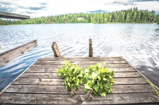 Juhannuskuva, kaksi vihtaa laiturilla